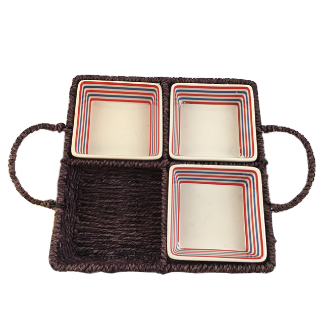 5pcs of Set Seagrass Weaving Square Tray with Square Ceramic Bowl GL-0235 S5