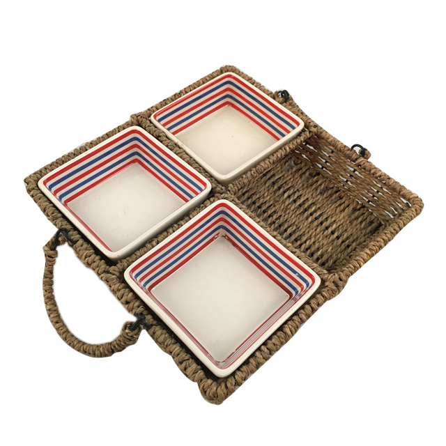 5pcs of Set Seagrass Weaving Square Tray with Square Ceramic Bowl GL-0235 S5