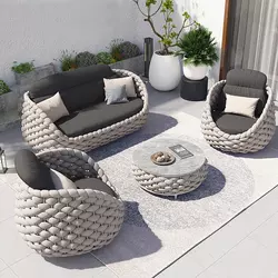 Fashion Cute Rattan Cotton Rope Sofas Garden Sets Outdoor Indoor Furniture Patio Pergola balcony Sofa Sets with Coffee Tea Table