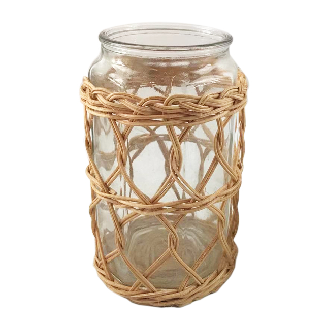 Natural Rattan Woven Wrapped Storage Jar Glass Votive Holder Wrapped Glass Vase GL-1291 PC