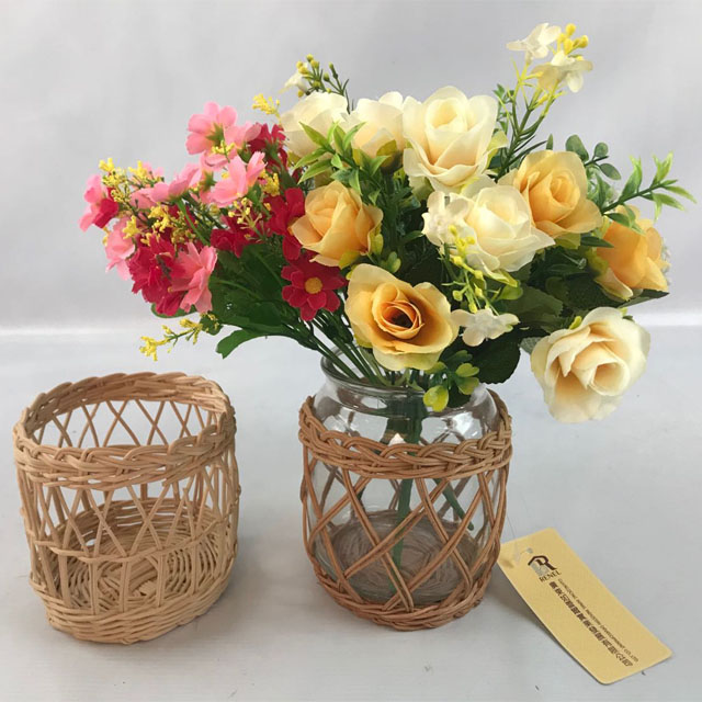 Natural Rattan Woven Wrapped Storage Jar Glass Votive Holder Wrapped Glass Vase GL-1282 PC