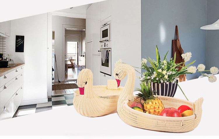 Hand-Woven PE Swan Shaped Fruit Basket Food Organizer Table Decoration (Beige) GL-0076 PC