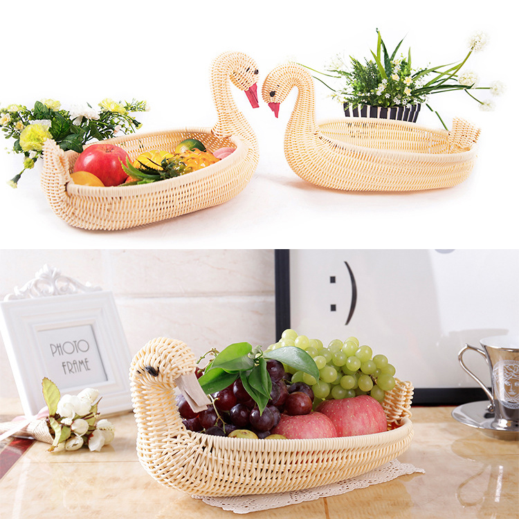 Hand-Woven PE Swan Shaped Fruit Basket Food Organizer Table Decoration (Beige) GL-0076 PC