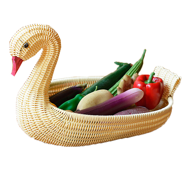 Hand-Woven PE Swan Shaped Fruit Basket Food Organizer Table Decoration (Beige) GL-0076 PC