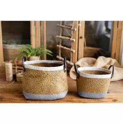 Wholesale Home Decor Storage Belly Basket Set Folding Collapsible Oval Plant Flower Natural Woven Seagrass Basket