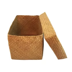 Handwoven Folding Collapsible Basket Bin Natural Seagrass Storage Baskets With Lid