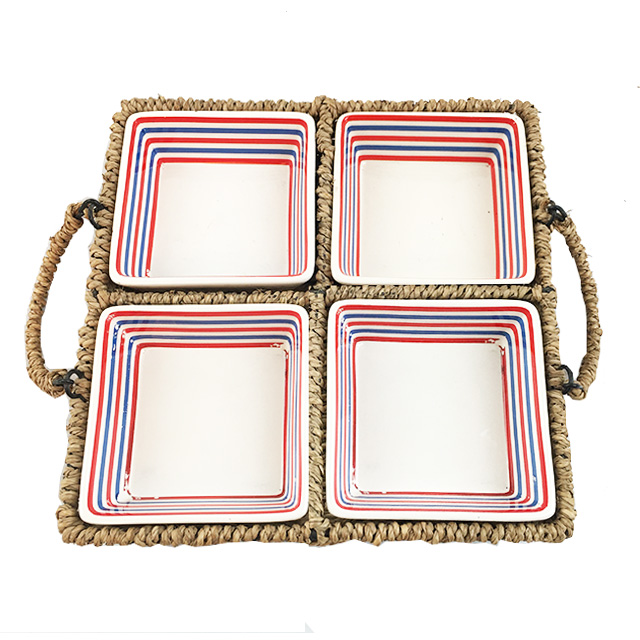 5pcs of Set Seagrass Weaving Square Tray with Square Ceramic Bowl GL-0235 S5