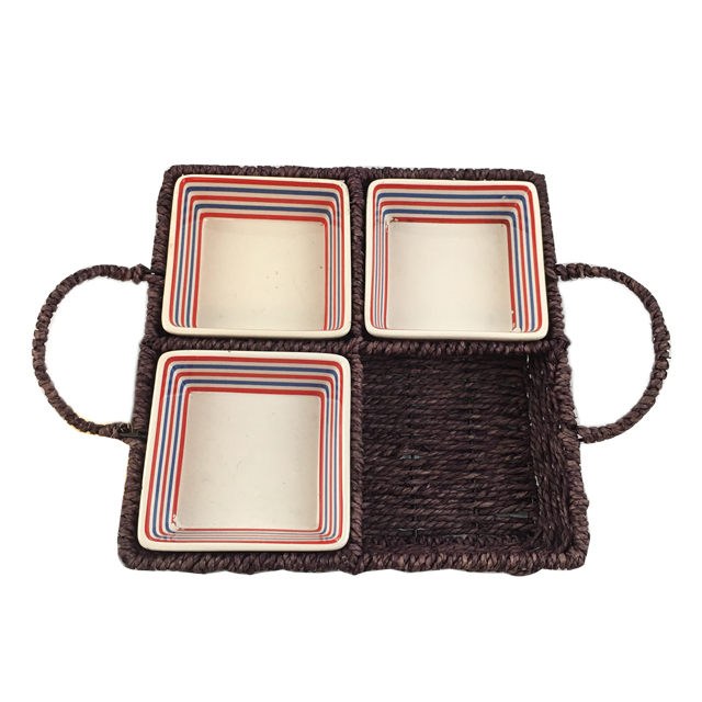 5pcs of Set Seagrass Weaving Square Tray with Square Ceramic Bowl GL-0235 S5