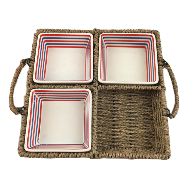 5pcs of Set Seagrass Weaving Square Tray with Square Ceramic Bowl GL-0235 S5