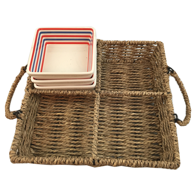 5pcs of Set Seagrass Weaving Square Tray with Square Ceramic Bowl GL-0235 S5