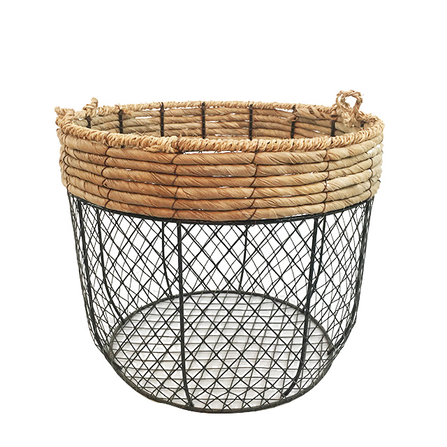 Set of 3 Wire with Corn Husk Weaving Garden Home Decor Baskets with Handles GL-0460 S3