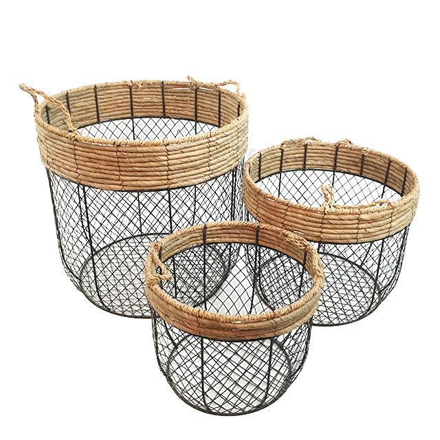 Set of 3 Wire with Corn Husk Weaving Garden Home Decor Baskets with Handles GL-0460 S3