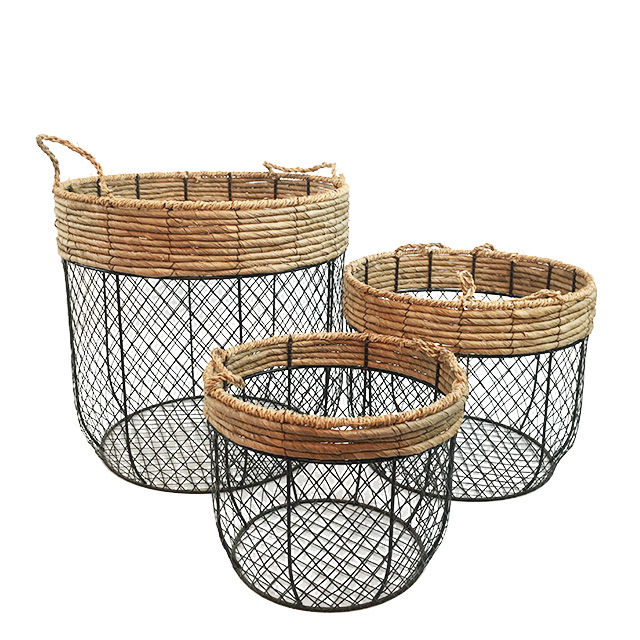 Set of 3 Wire with Corn Husk Weaving Garden Home Decor Baskets with Handles GL-0460 S3