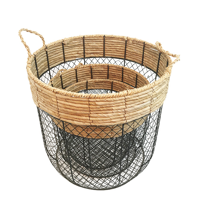 Set of 3 Wire with Corn Husk Weaving Garden Home Decor Baskets with Handles GL-0460 S3