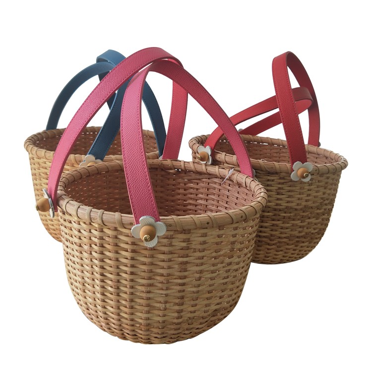 Natural Woven Flower Basket with Leather Handle GL-1320 PC