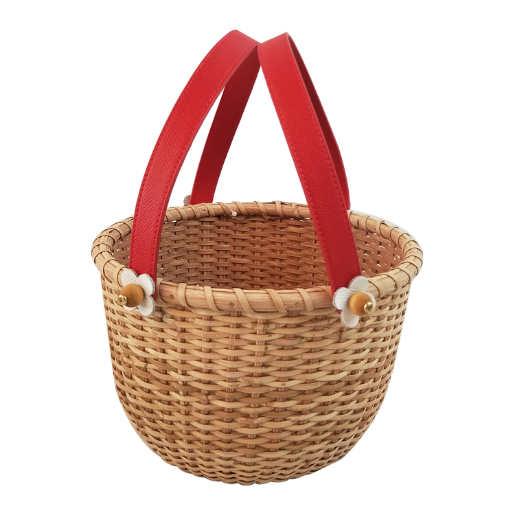 Natural Woven Flower Basket with Leather Handle GL-1320 PC